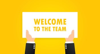 Onboarding New Building Staff Welcome to the team banner in hands. Partnership, teamwork concept. Vector on isolated background. EPS 10.
