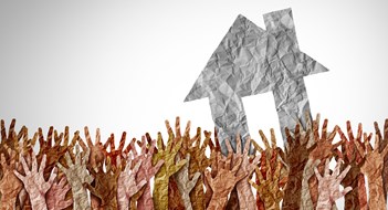 Study: 37.9% of NY Metro Minority Households Own Their Homes vs. 65.9% of White Households Selling A Home as a group of diverse home buyers reaching for real estate success in a seller market as a symbol for buying a house and affordability challenges to residential ownership.