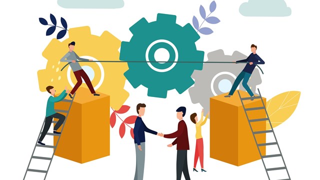 Vector illustration, symbol of competition, corporate conflict, tug-of-war, working mechanism. Conflict resolution